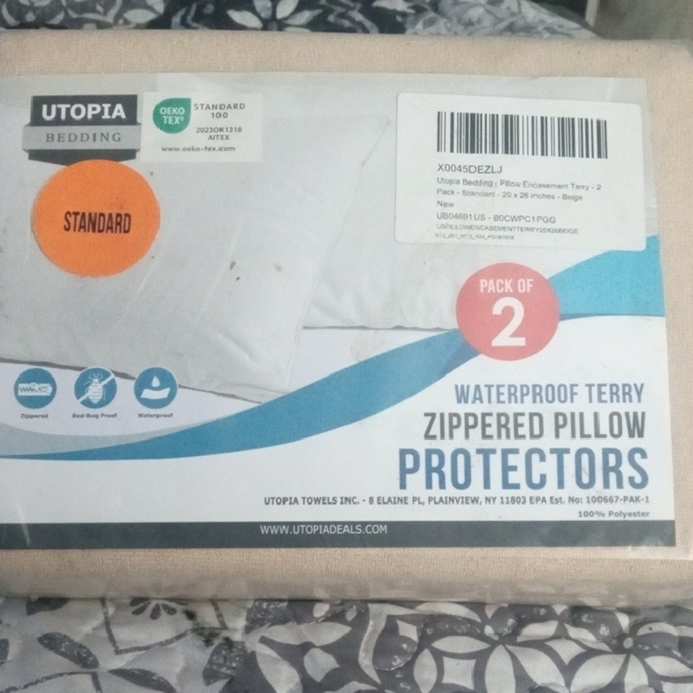Waterproof Terry Zippered Pillow Protectors 2 Pack. New Unused In Beige Standard